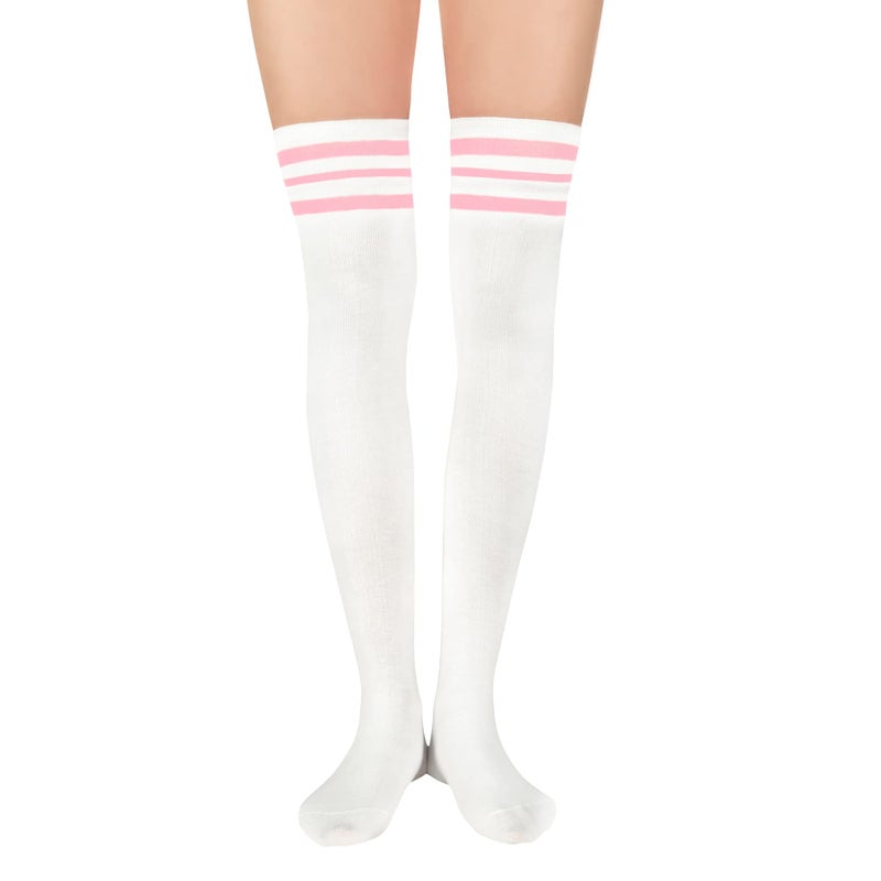 Zando Women Thin Stripes Tube Thigh High Tights Over Knee Socks Casual High Stockings E White w Pink - Image 4
